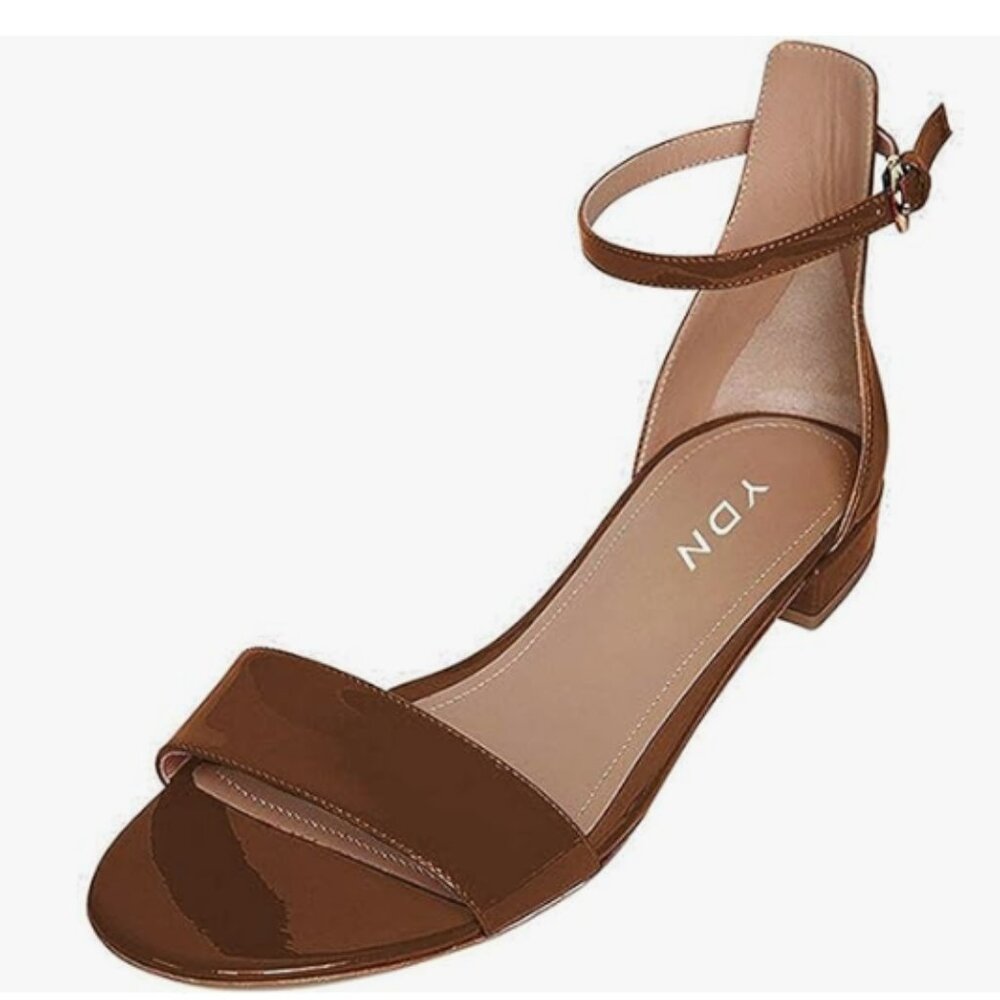 YDN Coffee Chic Block Low Heel Sandals Open Toe Ankle Strap Patent Dress Shoes